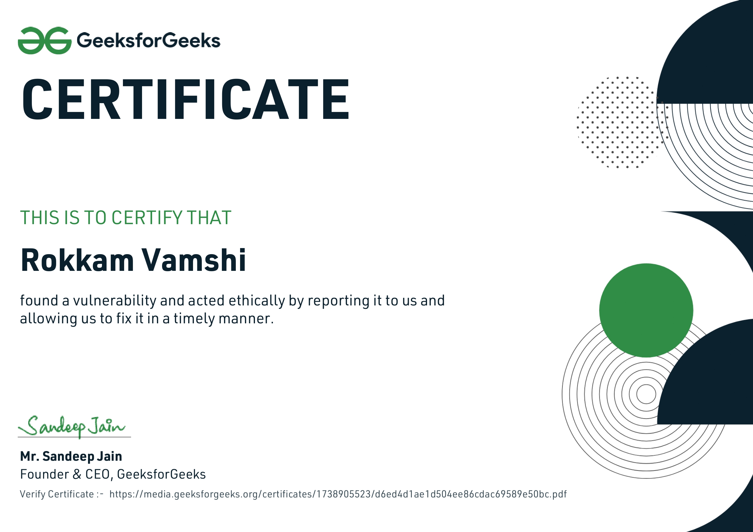 Letter of Appreciation from GEEKSFORGEEKS